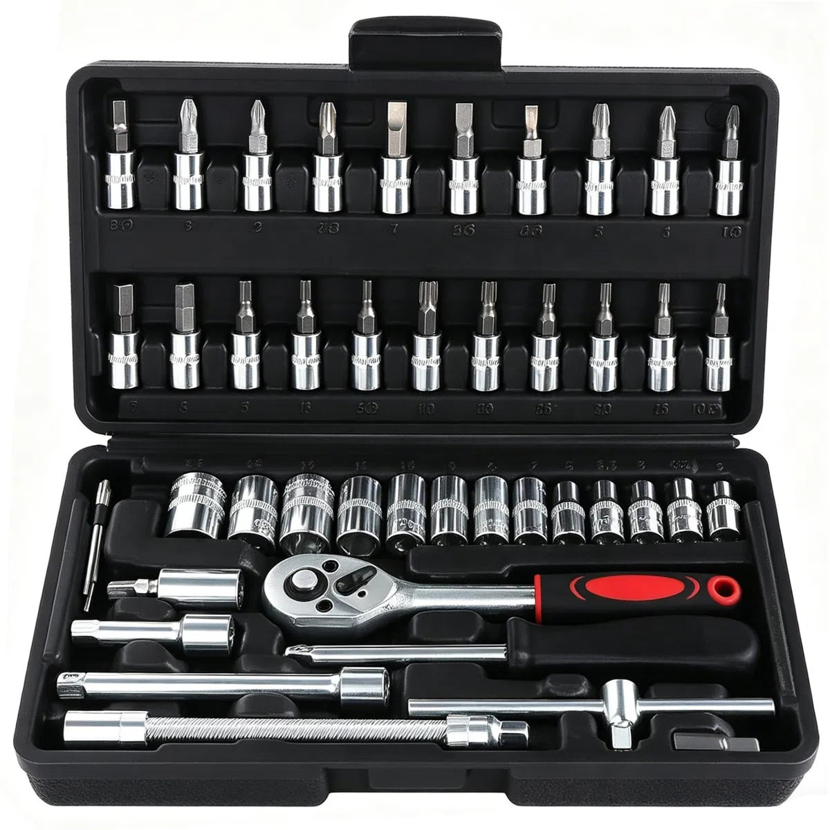 46pcs kit de clé à douille, kit de clé à cliquet, kit de clé à cliquet à douille métrique, outil de réparation de voiture à tête de tournevis 1/4 "(noir)