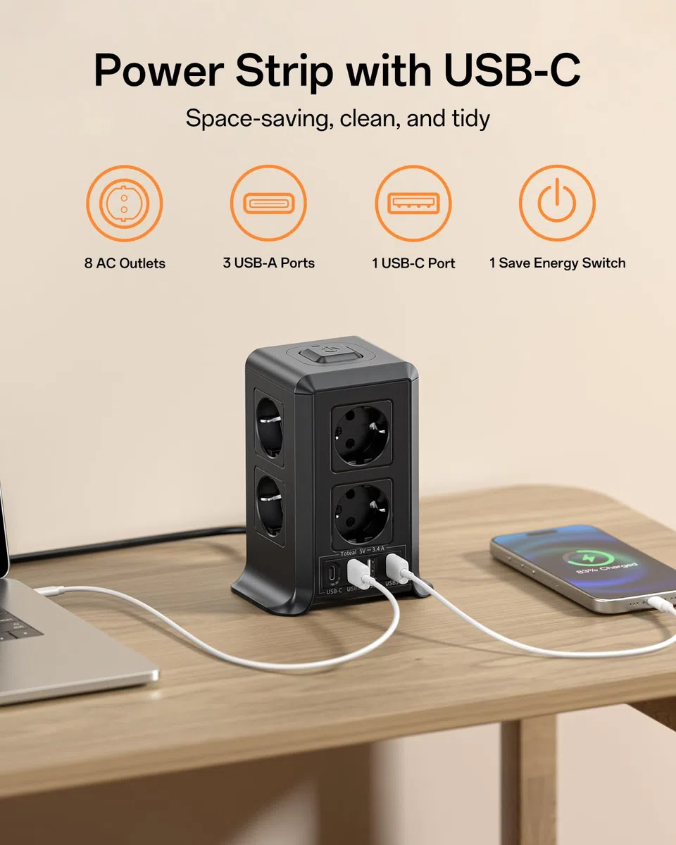 Multiprise avec Interrupteur, Multiprise Parafoudre et Surtension with 8 Sortie AC and 4 USB Ports, pour Le Bureau, Salon, Chambre à Coucher