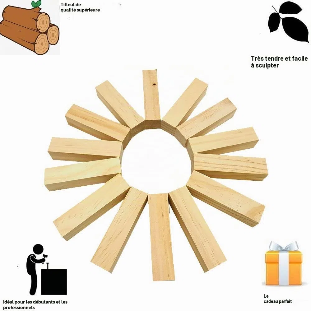 Sculpture De Bois, Fycooler 14PCS Blocs Sculpture En Bois Couleur Naturelle, Tilleul, Résistant à L'Usure - 10x2.5x2.5cm