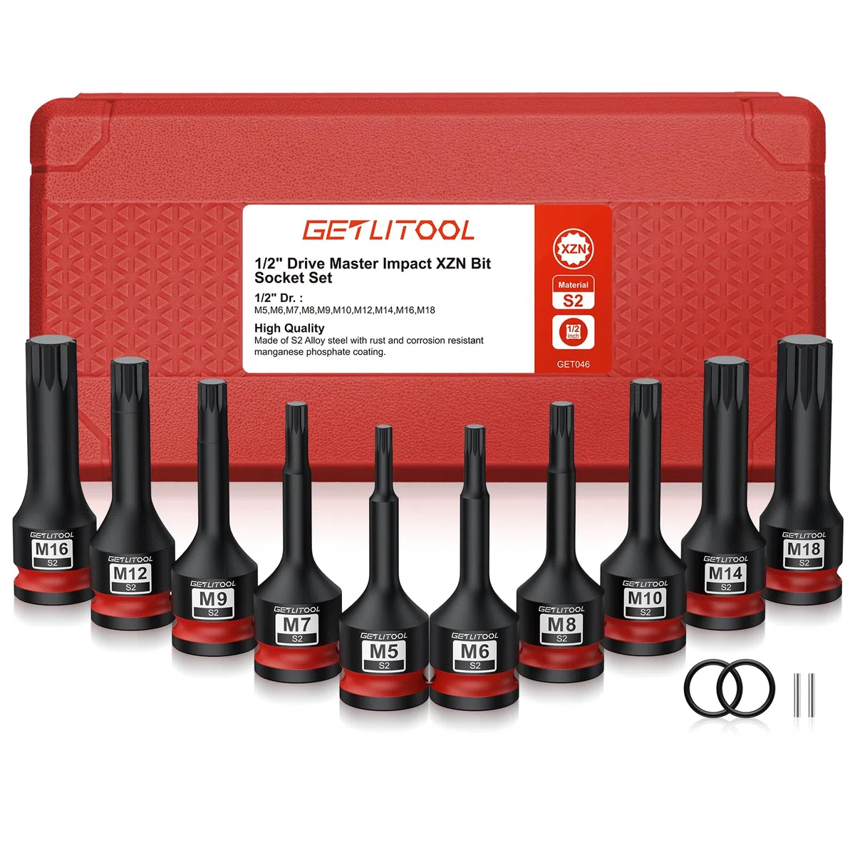 GETLITOOL Lot de 10 douilles à impact XZN en acier S2 triple carré, taille marquée et étui M5-M18 pour réparation automobile et entretien mécanique