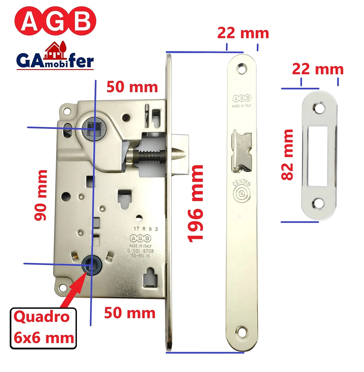 Serrure AGB porte intérieure à encastrer pour salle de bain WC série CENTRO (face 22 x 196, égoutté, nickel brillant)