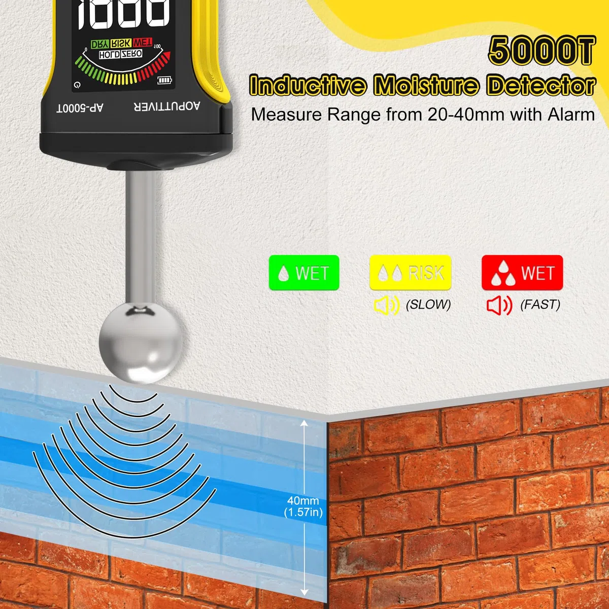 Testeur Humidité Humidimètre Sans Aiguille T, Détecteur Humidité Murs, Bois, Maçonnerie et Béton avec écran Couleur LCD et Alarme, Détecte Jusqu'à 20-40mm Sous la Surface