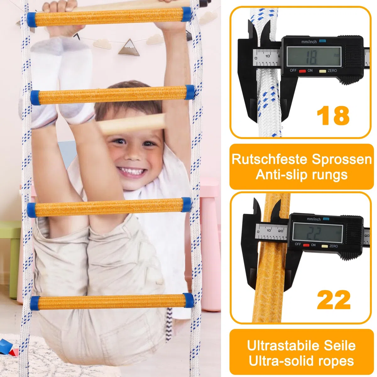 Échelle De Corde 2 m avec Crochets De Fixation | 2 m, Orange et Blanc, Barreaux 28 cm, Polypropylène, Résine, 2 Crochets, 2 Anneaux, Pliable, Portable