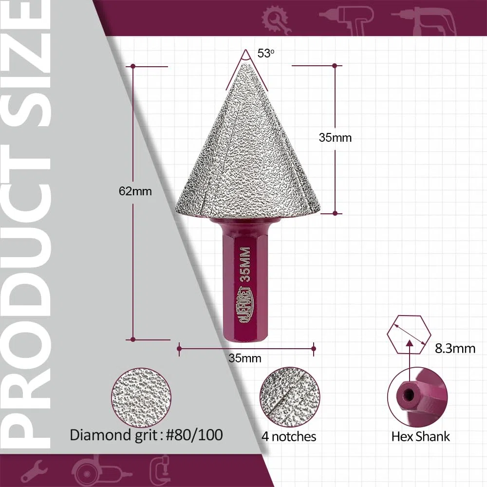 Mèches de Chanfrein Diamant 35mm - Fraise pour Meuler Arrondir Tailler les Trous dans le Carrelage Céramique Porcelaine Marbre Granit, Tige Hexagonale