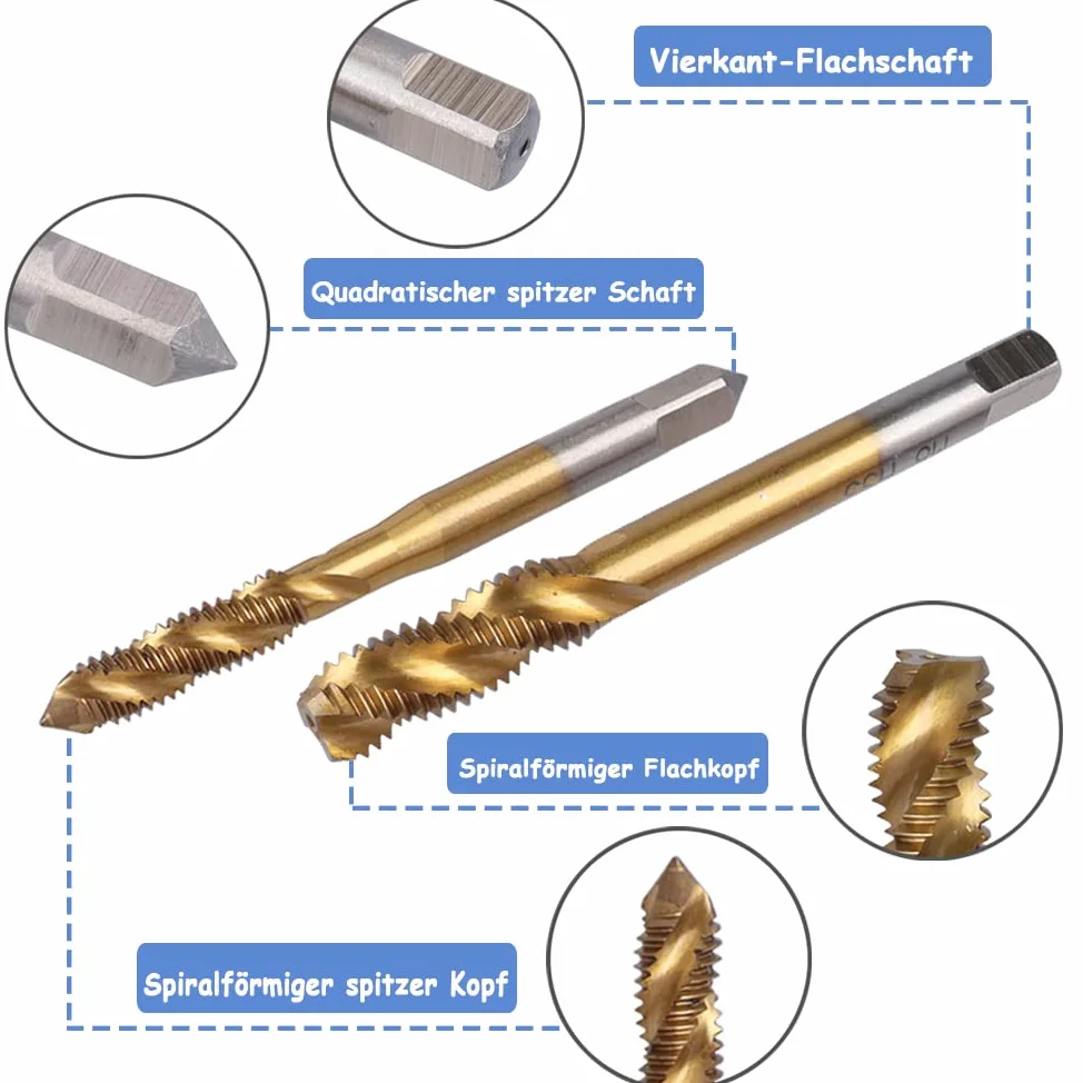 Mesee Lot de 9 tarauds hélicoïdaux HSS revêtus de titane - Pour machine à filetage métrique - M2 M2.5 M3 M4 M5 M6 M8 M10 M12