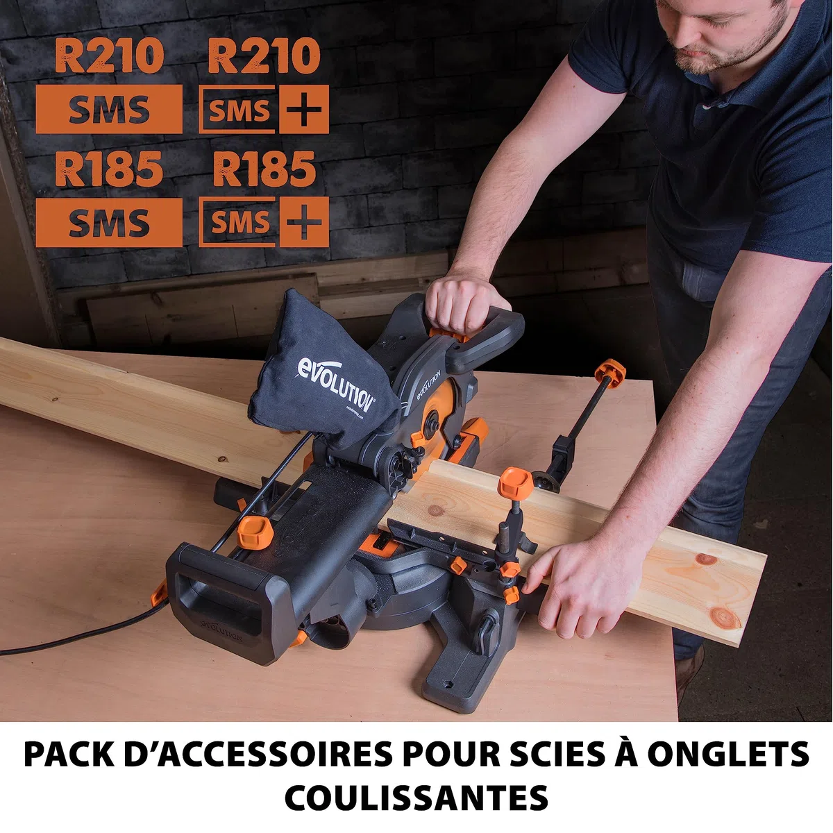 Evolution Power Tools R210SMS Pack d’accessoires pour scie à onglets, comprend 2 pinces de serrage, un sac à poussière et un adaptateur pour port d’aspiration, 210 mm