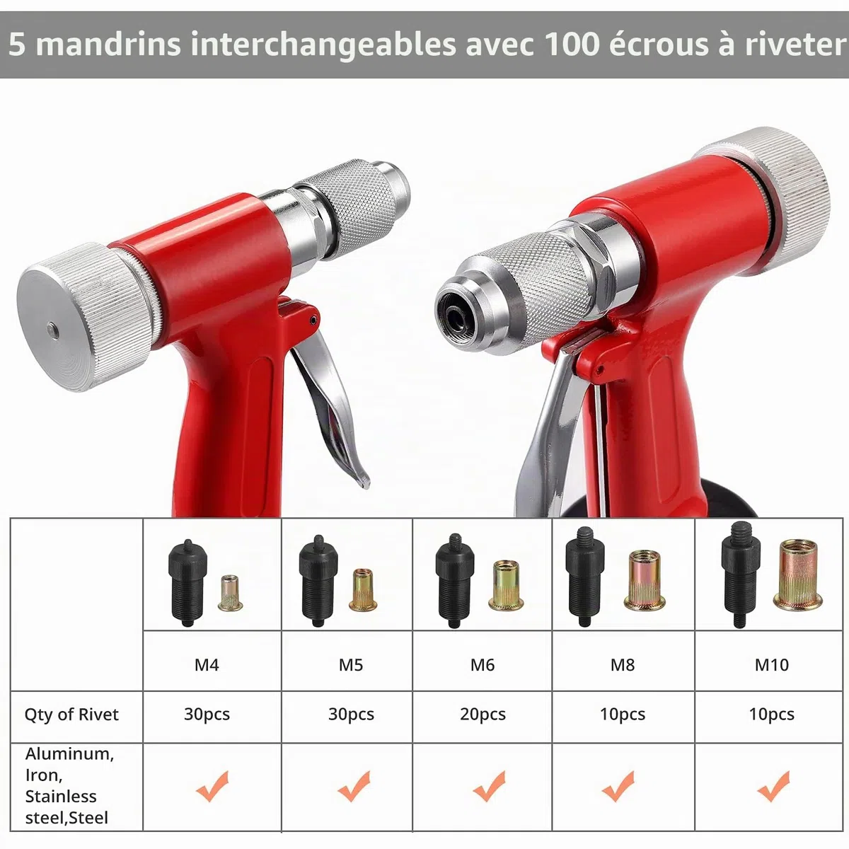 Proster Riveteuse Pneumatique 1100 KGF pour M4-M10 – Pistolet à Écrou Professionnelle à Air avec 100PCS Écrous, Outil de Rivetage pour Atelier, Automobile, Chantier et Usage Professionnel Intensif
