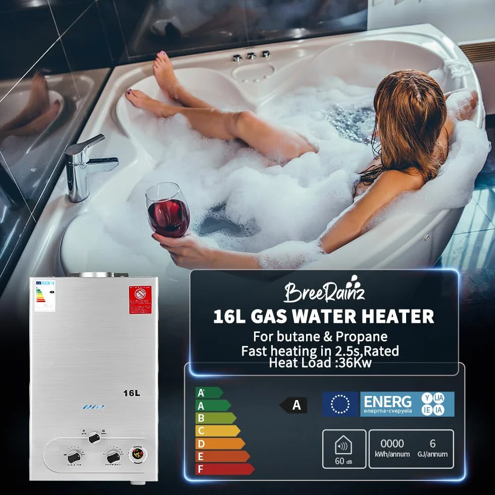 BreeRainz Chauffe-eau à Gaz 16LPM,32KW Chauffe-eau à Gaz GPL Propane Butane,Pression d'eau de Démarrage Super Basse,pour la Maison et I'extérieur