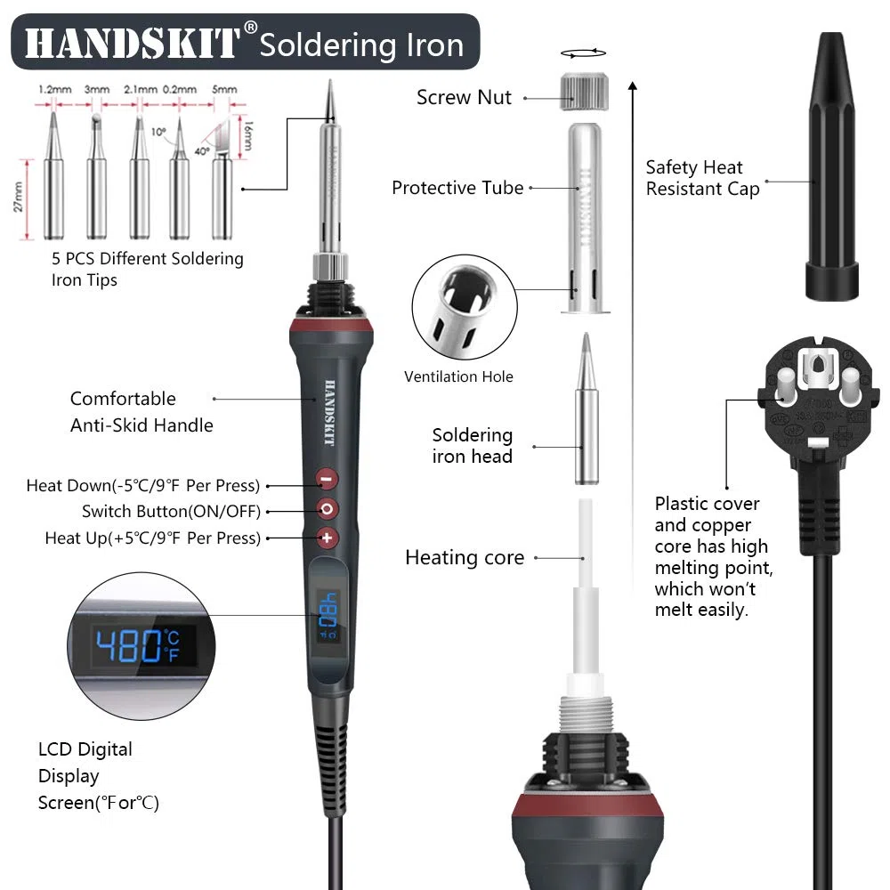 HANDSKIT Fer à Souder Précision 90W, Température Réglable de 180 à 480℃, Fer à Souder LED Électronique, 5 Pointes de Soudure, Support et Fil de Soudure pour DIY, Fer à Souder Étain et Électrique