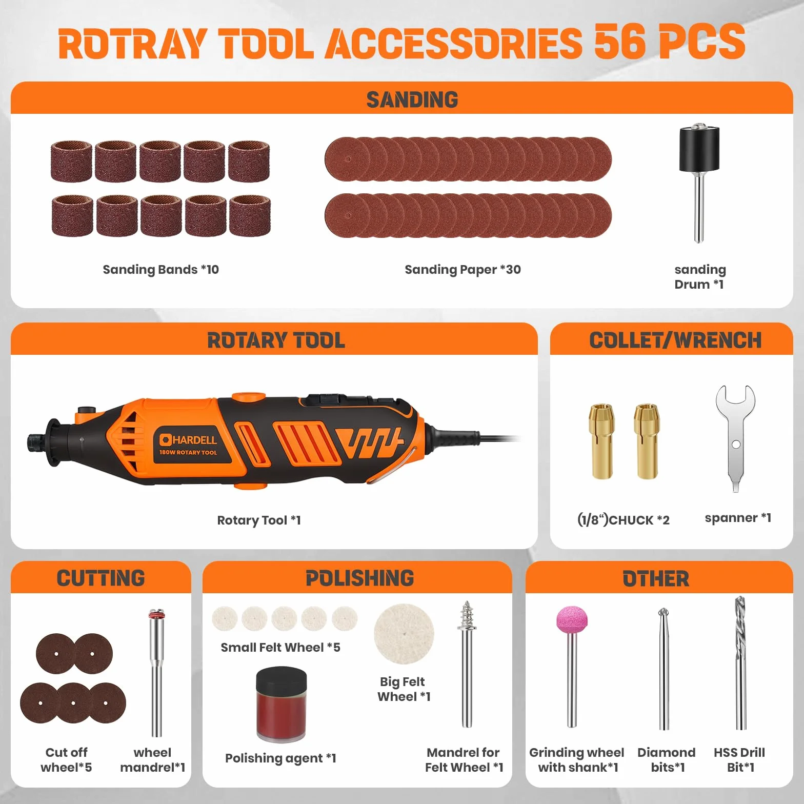 HARDELL Outil Rotatif Multifonction 180W - Outil Rotatif Filaire, 6 Vitesses Variables 8000-35000 tr/min, 61 Accessoires pour Ponçage, Polissage, Découpe, Gravure, Sculpture