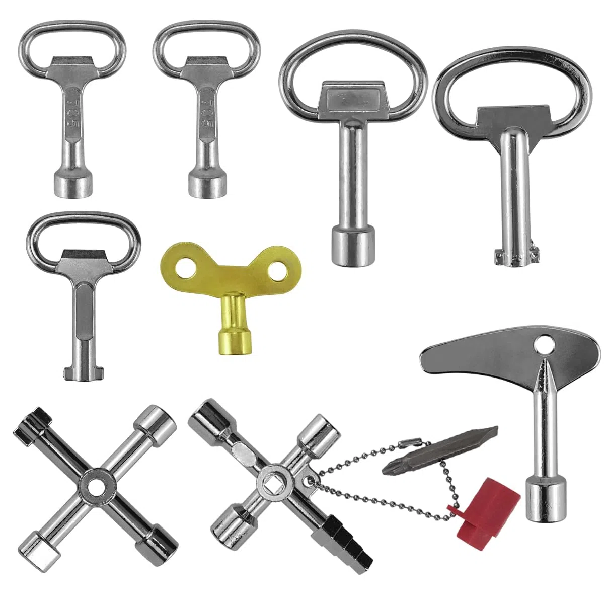 Lot de 9 clés universelles, triangulaires, carrées, clés rondes pour robinet, radiateur, poubelle, compteur d'électricité et d'eau, armoire de contrôle, clé à 4 voies incluse