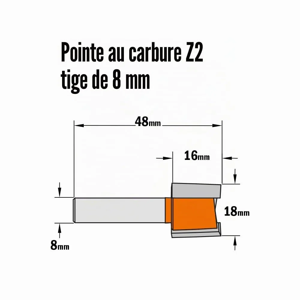 CMT Orange Tools Fraise à défoncer pour charnières 901.180.11 HW Z2 S=8 D=18 I=16 L=48 DR