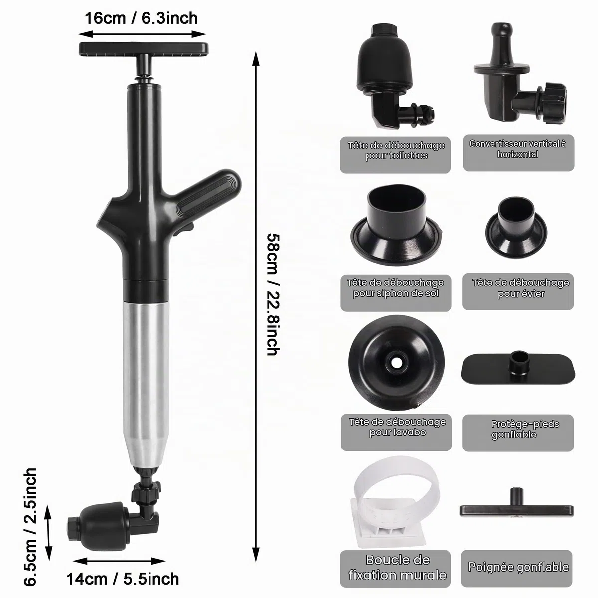 Déboucheur à air comprimé pour toilettes, déboucheur de canalisations, déboucheur à air comprimé haute pression avec baromètre en temps réel, puissant furet de débouchage, déboucheur pour lavabo, outi
