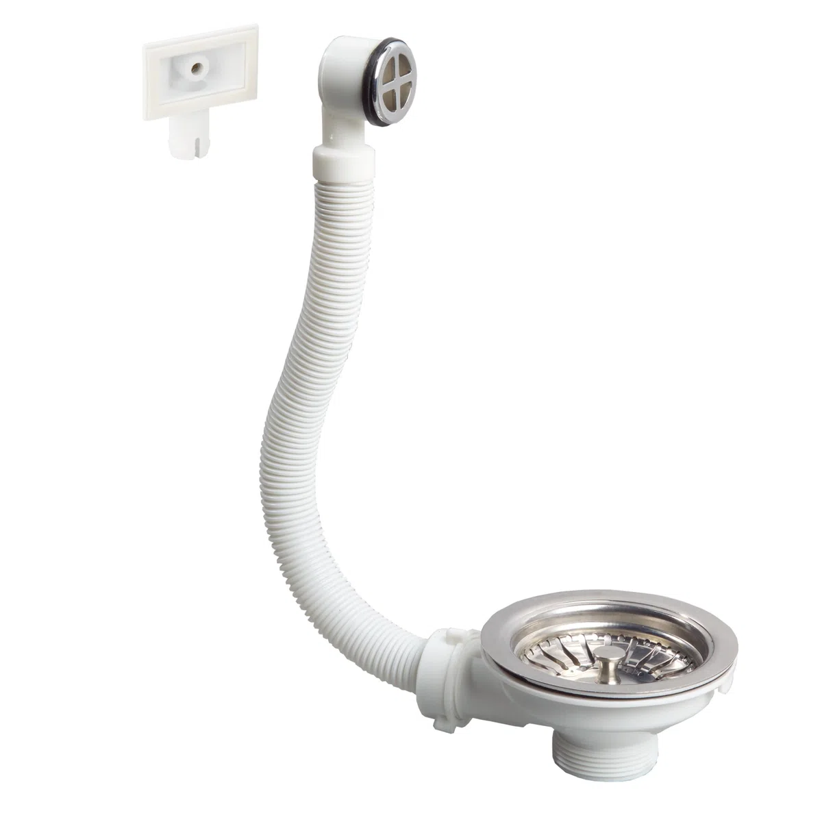 Wirquin 30723117 Bonde pour évier ø90 1 bac, plastique et métal, avec trop-plein exterieur, chromé, Blanc
