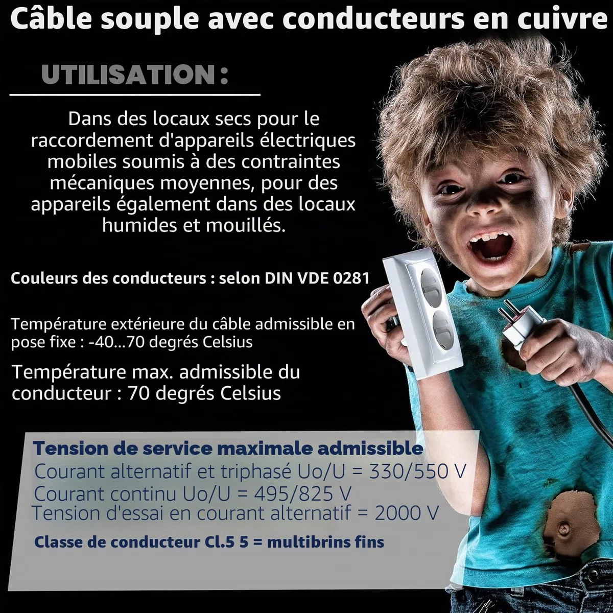 Câble rond en plastique noir pour LED - H05VV-F - 2 x 1,5 mm² - Au choix 10, 15, 20, 25, 30, 35, 40, 45, 50, 55, 60 m et ainsi de suite jusqu'à 100 m par tranche de 5 m
