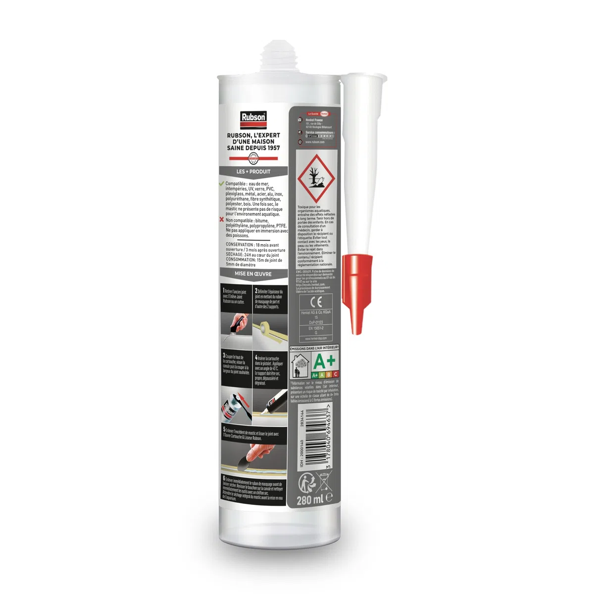 RUBSON Mastic Special Materials Aquarium -Etanchéité, montage, collage, réparation d'éléments en verre- Transparent- Cartouche 280ml