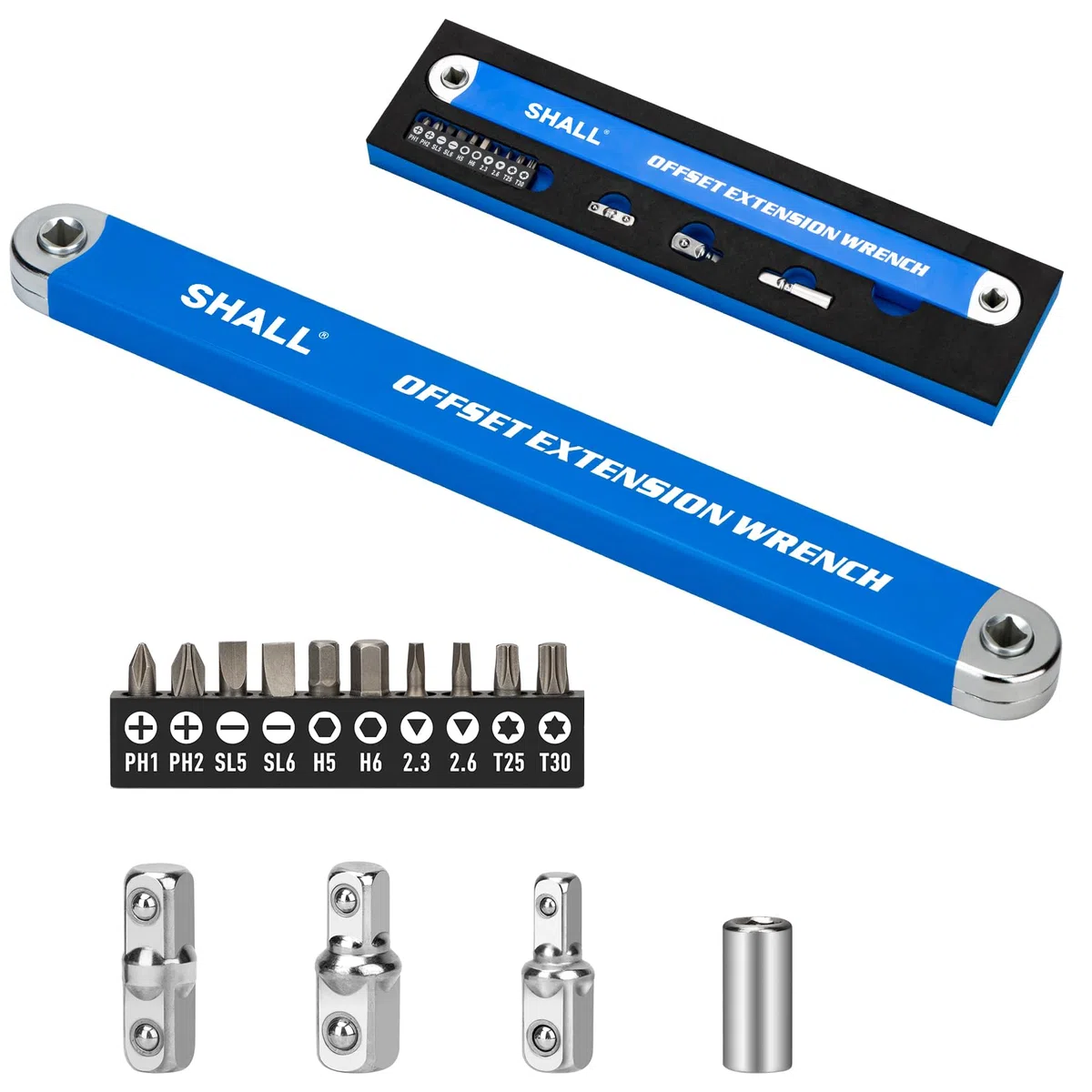 Shall Clé à rallonge décalée - Jeu de clés à rallonge décalées 15,4'' Impact Ready - avec adaptateurs carrés 1/2'', 1/4'' et 3/8'' et 10 embouts universels