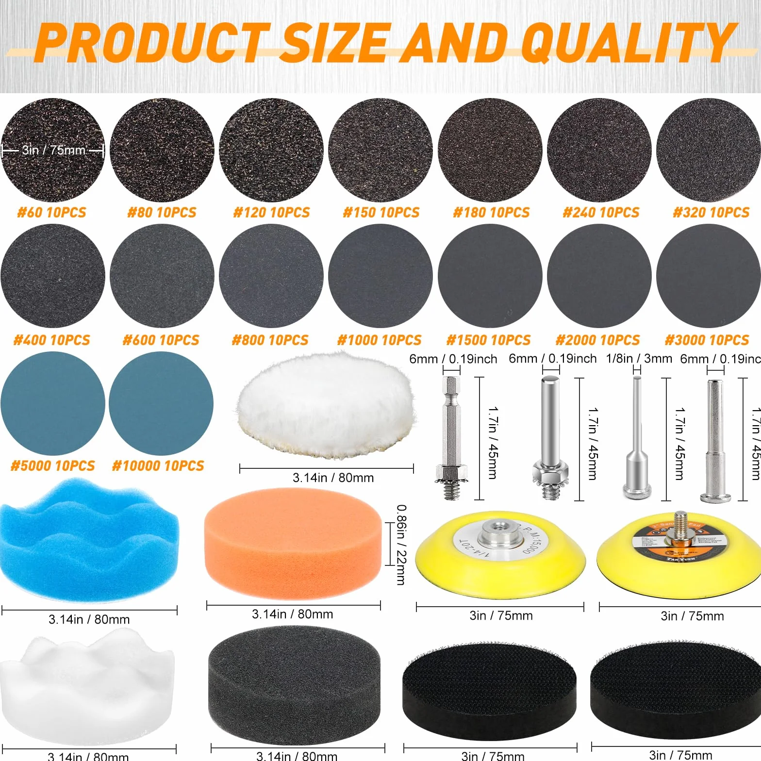174PCS Papier Abrasif 75MM Grain 60 80 120 150 180 240 320 400 600 800 1000 1500 2000 3000 5000 10000 Disque de Poncage Carrosserie Kit Renovation Phare