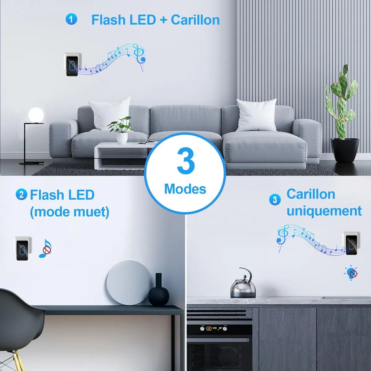 TECKNET Sonnette sans Fil Exterieur Etanche avec 2 Récepteurs, Portée de 400M, IP65 Etanche Carillon, 60 Mélodies et 5 Niveaux Volume, Indicateur LED Bleu, pour Maison, Hôtel -Noir
