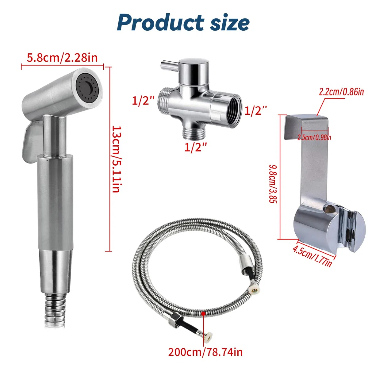 Douchette de salle de bain pour bidet, en acier inoxydable, avec valve à 3 voies (1/2-3/8"), parfaite pour l'hygiène personnelle, l'entretien du nettoyage