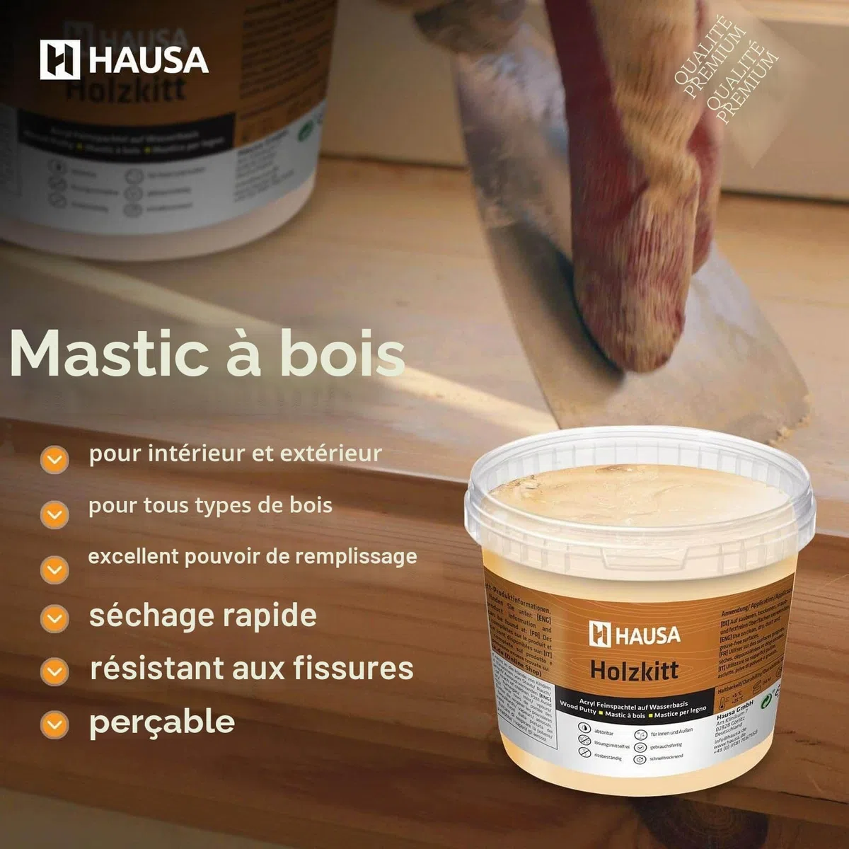 Hausa Mastic bois acrylique 1 kg Noir - Réparation bois - Séchage rapide - Résistant