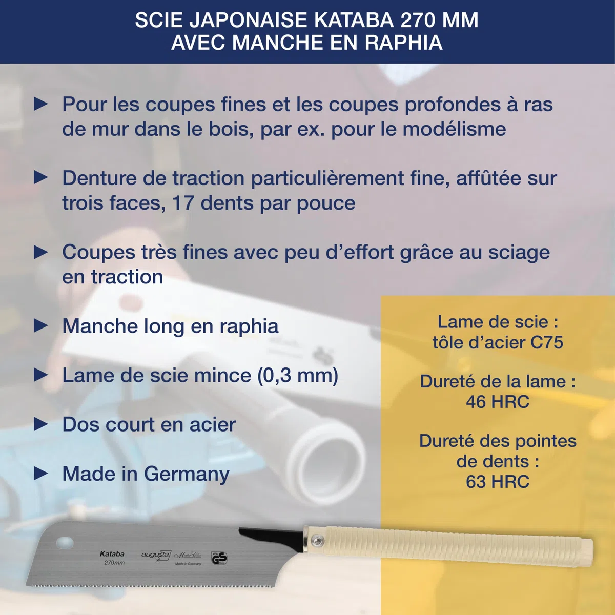 Augusta-Heckenrose scie japonaise Kataba 270 mm I Scie traditionnelle en acier C75 pour coupes fines I Scie à bois avec dos en acier raccourci & poignée en raphia