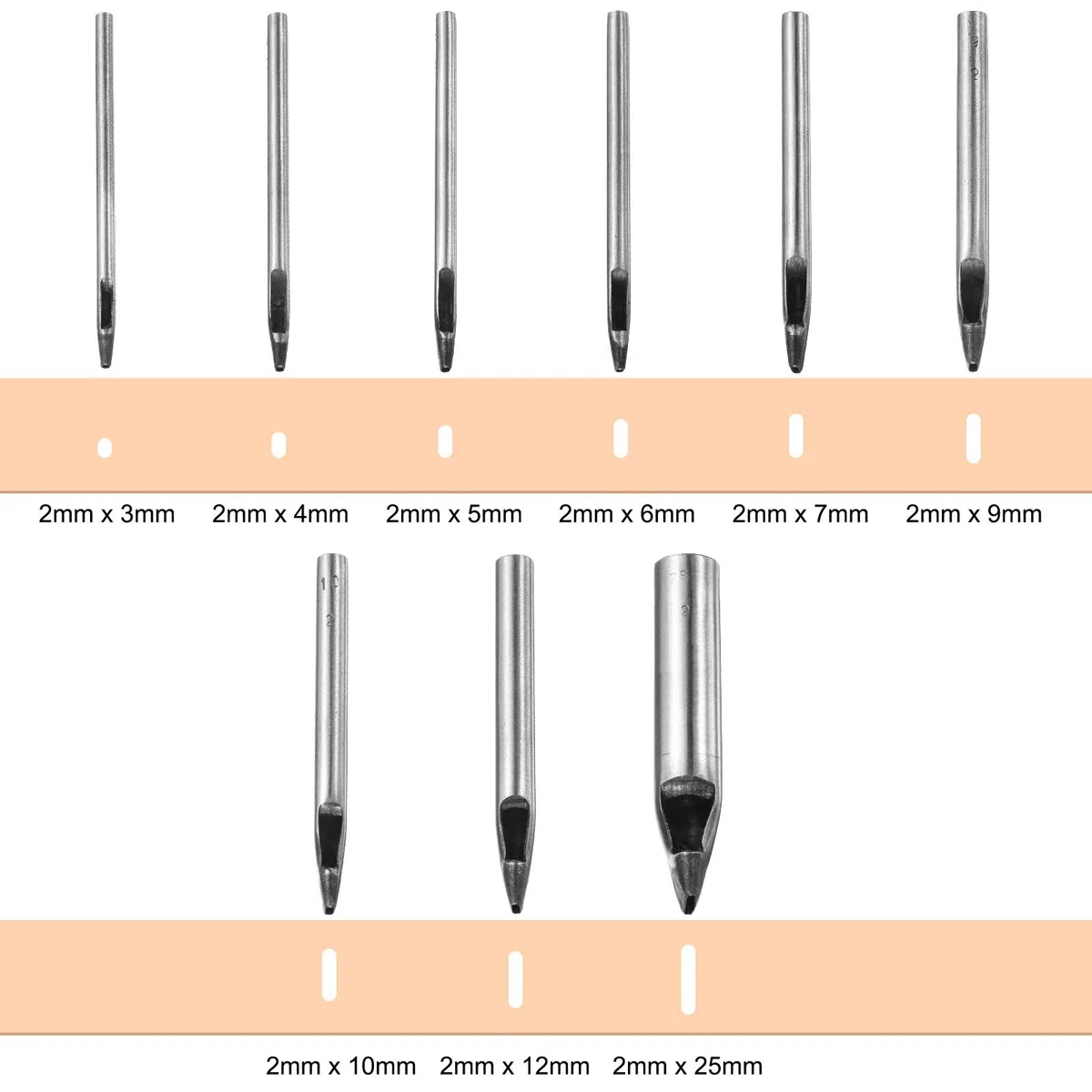 QUARKZMAN 9Pcs Ensemble De Poinçon Ovale 2mm Kit De Découpe Creuse En Cuir Poinçon Rectangulaire En Acier Au Carbone Outil De Poinçonnage Pour Toile Sangle Ceinture Bracelet Monture Travail