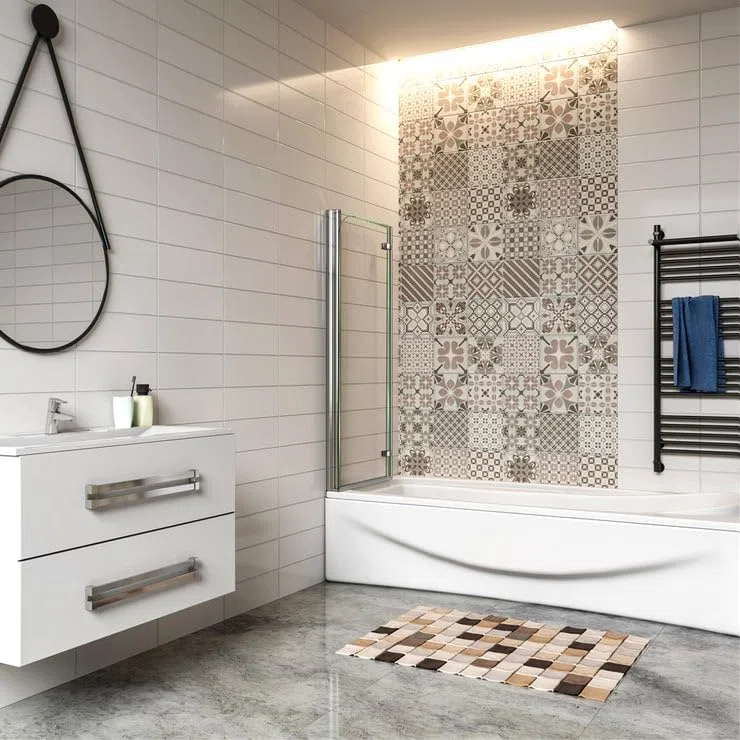 Pare-baignoire 90x140cm à 2 volets, écran de douche pivotant et pliant, paroi de baignoire en verre securit clair et anticalcaire