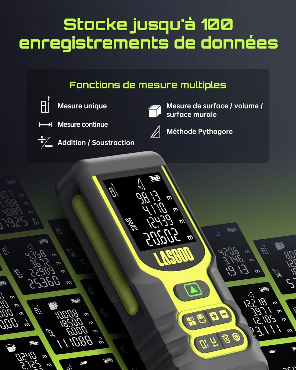 Télémètre Laser, LASGOO 60m/197ft Mètre Laser avec Unités Multiples Ft/in/M, écran LCD rétroéclairé, Mode Pythagoricien, Surface et Volume, Batterie Incluse
