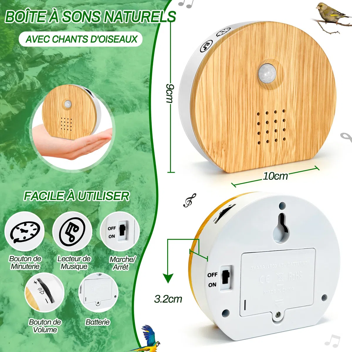 Boîte détecteur de Mouvement avec Chant d'oiseaux, Rodukee Boîte Soundbox Oiseau avec Minuterie, 9 Naturels Birdsongs, Murmure de Ruisseau, Source Forestière, Boîte à Musique Relaxante et Détente
