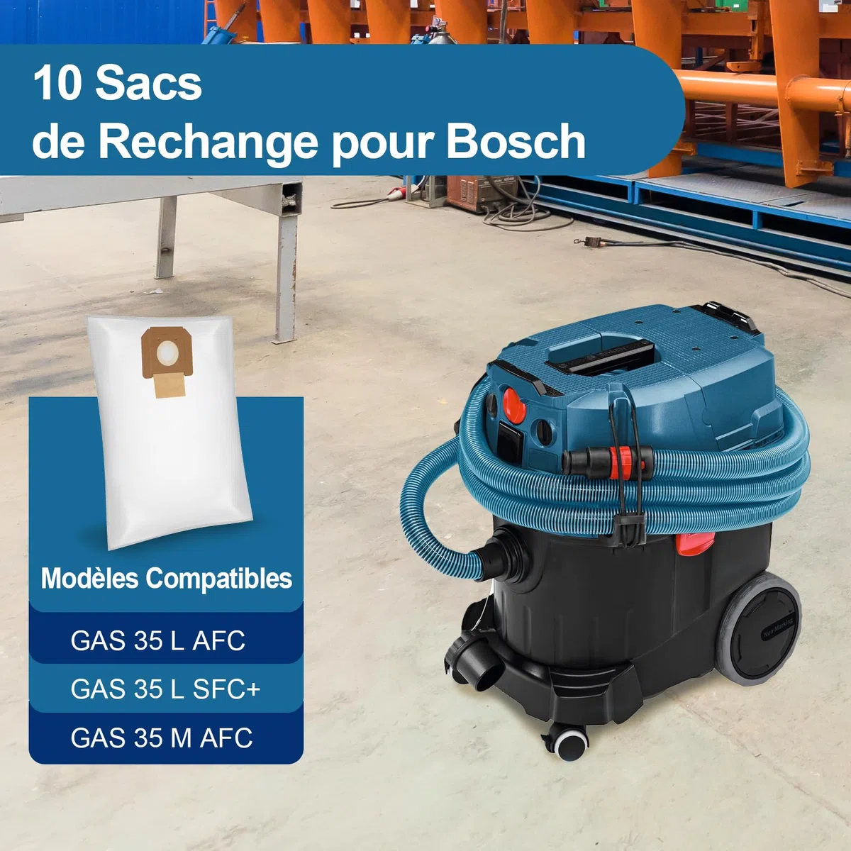 Lot de 10 Sacs à Poussière pour Bosch GAS 35 L AFC/L SFC+/M AFC Professional,Sac-Filtre en Non-Tissé Accessoires pour Bosch GAS 35,pour l'Aspiration Sèche