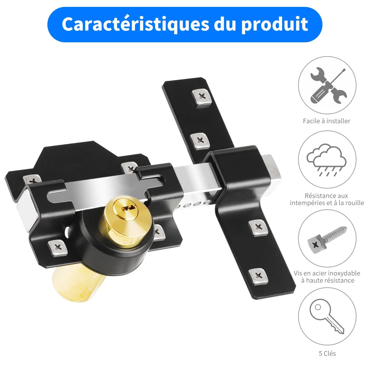 Serrure de portail longue portée 50 mm, double verrouillage, en acier inoxydable, pour portail en bois, 5 clés