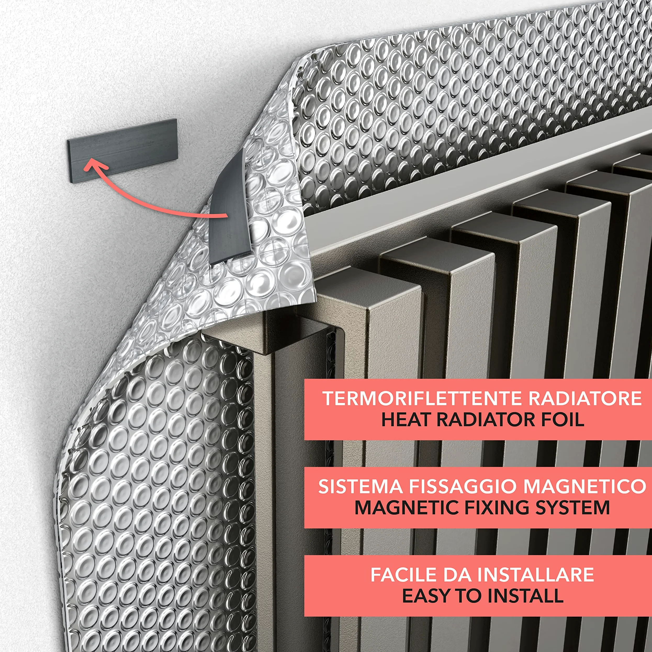 Panneau isolant pour radiateurs | isolation thermique et thermique pour radiateurs | 300 x 75 cm | Fabriqué en Italie | Système de fixation magnétique anti-condensation | Économie d'énergie et