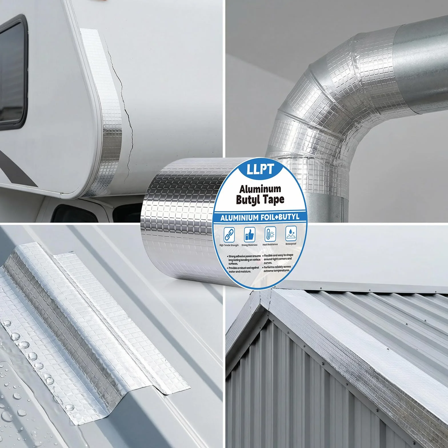 LLPT Aluminium Ruban Butyle | 15 cm x 5 m | Ruban D'étanchéité Imperméable | pour Solins de Toiture Métallique Réparation de Toiture de Camping-Car Réparation de Fuites de Gouttières (AB437WT)