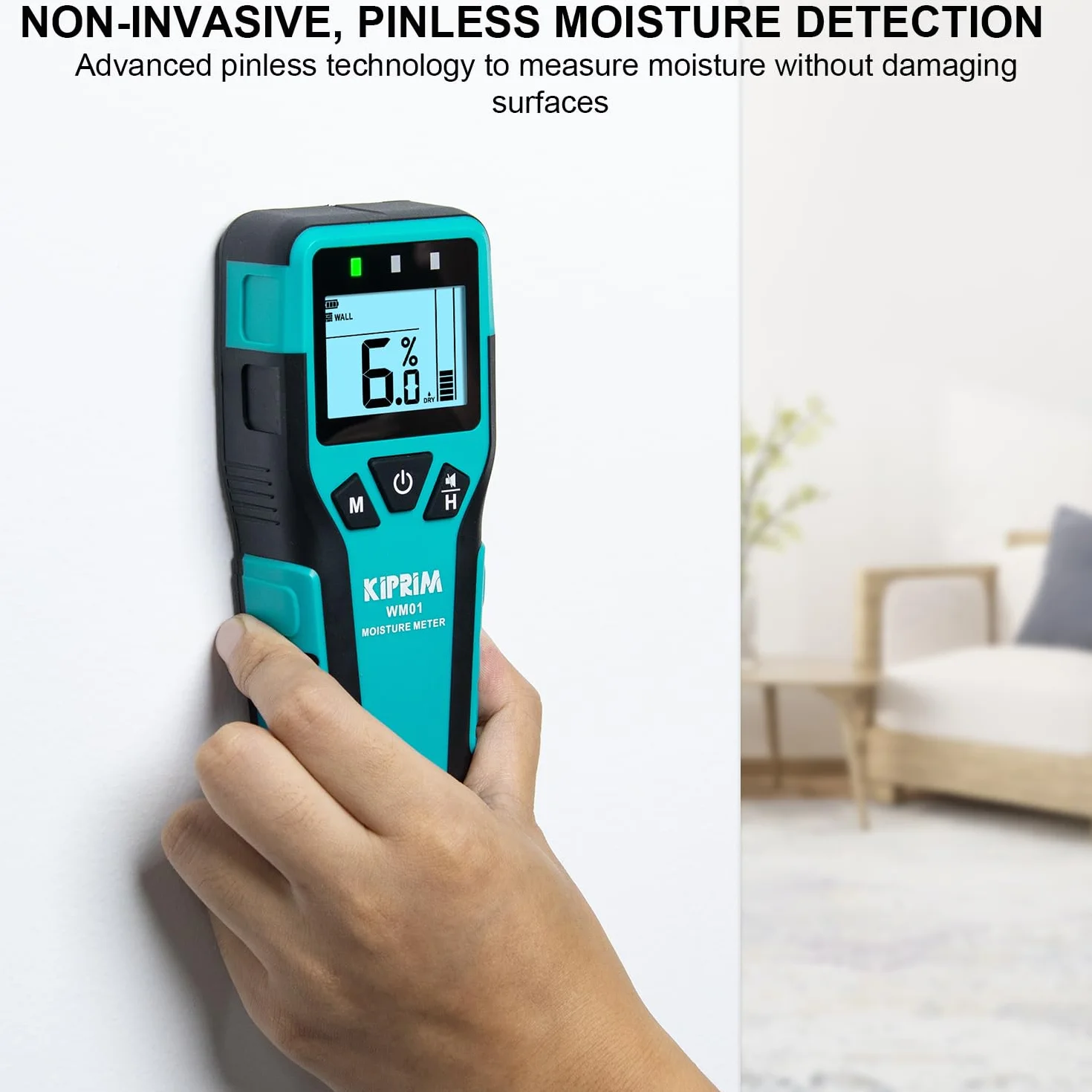Kiprim WM01 Testeur Humidité Murs Sans Broche pour Le Bois, Les Murs, La Maçonnerie - Mesure Précise et Non Destructif avec 4 Modes, Maintien Des Données et Mode Silencieux