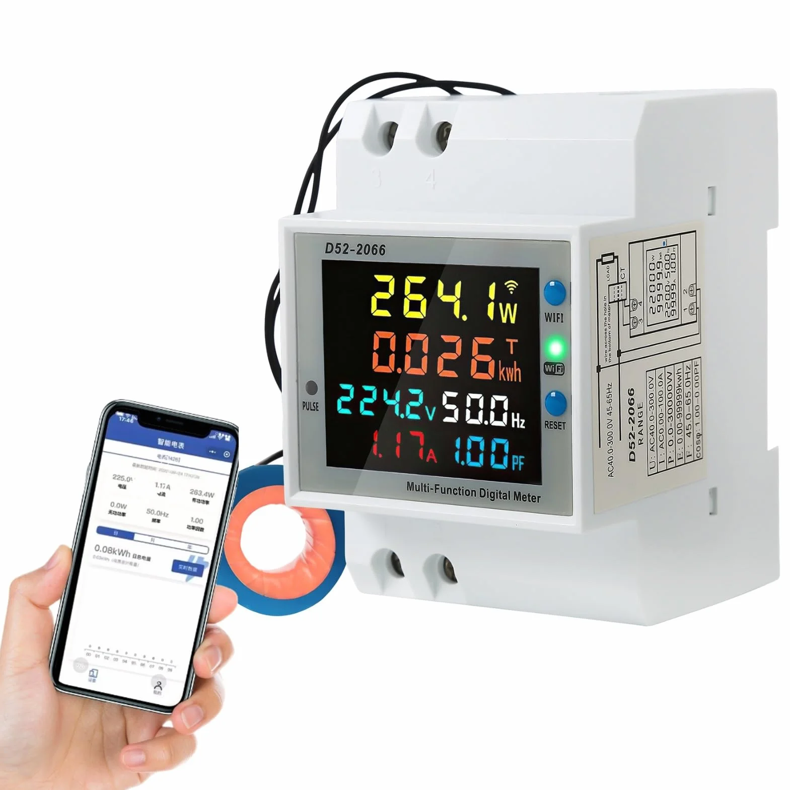 Jadeshay WiFi Compteur d'Énergie Monophasé, 6 en 1 Compteur Electrique Wattmetre Wifi LCD Voltmètre Ampèremètre Numérique pour Rail DIN Compteur KWh AC40-300V 100A(CT externe)