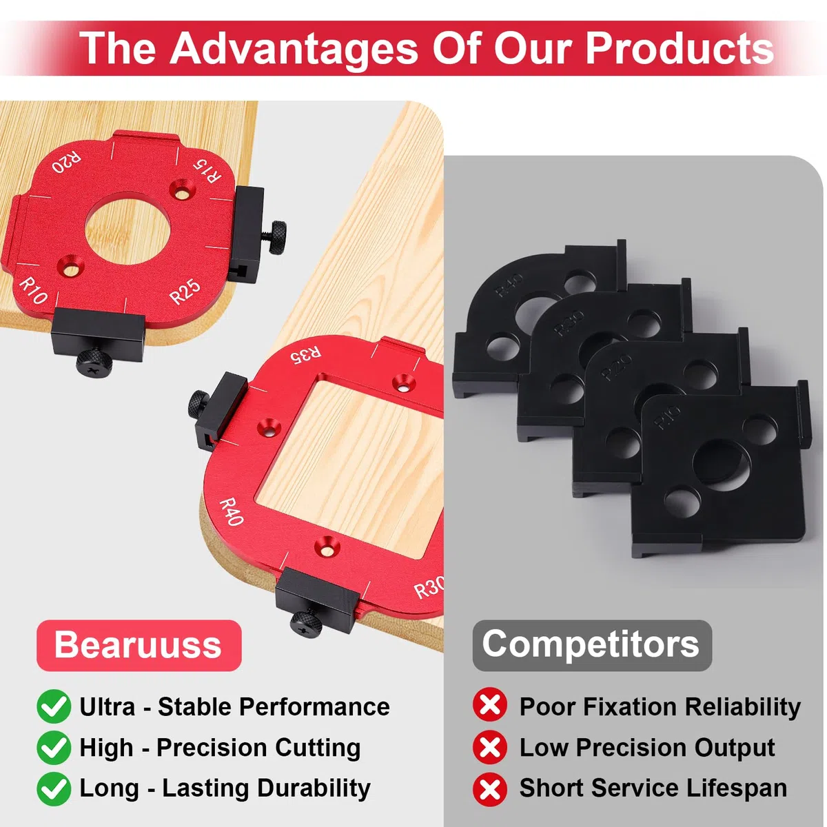2 Pièces Gabarit Defonceuse a Bois, R10 R15 R20 R25 R30 R35 R40 R50 Gabarit de Toupie avec 4 Fraise Defonceuse, Gabarit de Défonceuse Cercle 4 en1 pour Bricolage du Bois