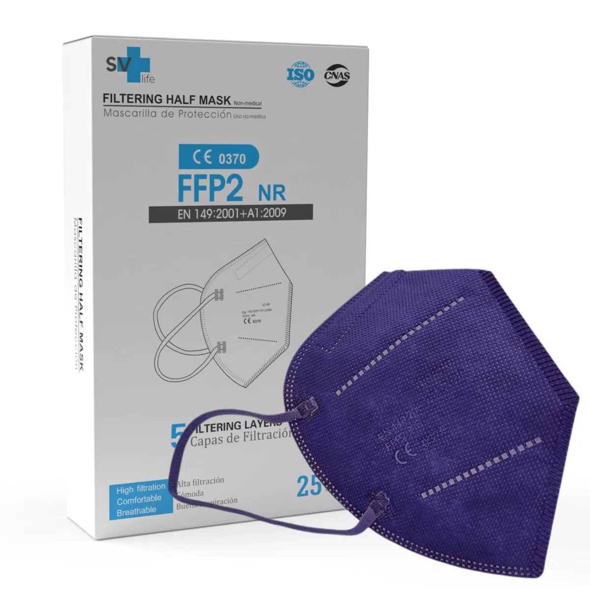 25 Masques FFP2 Certifiés CE | 5 Couches, Haute Filtration, Protection Certifiée | Taille Adulte, Emballage Individuel, Jetables, sans Valve (Bleu marine)