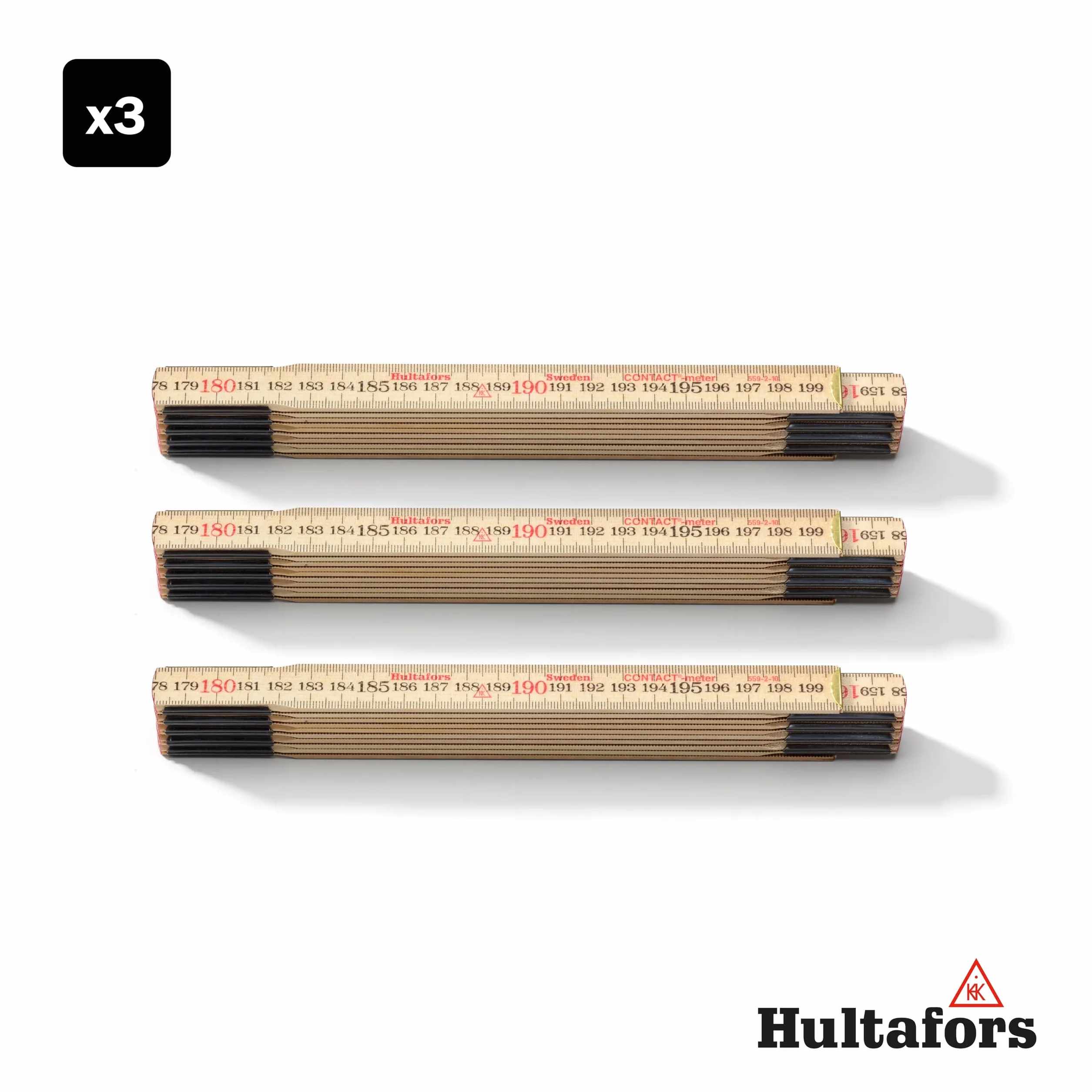 Lot de 3 mètres de contact I Hultafors I Mètre à maillons 2 m avec graduation inversée pour les mesures ajustées I Fabriqué en Suède I 3 x 2 m Mètre pliant en bouleau I 101804