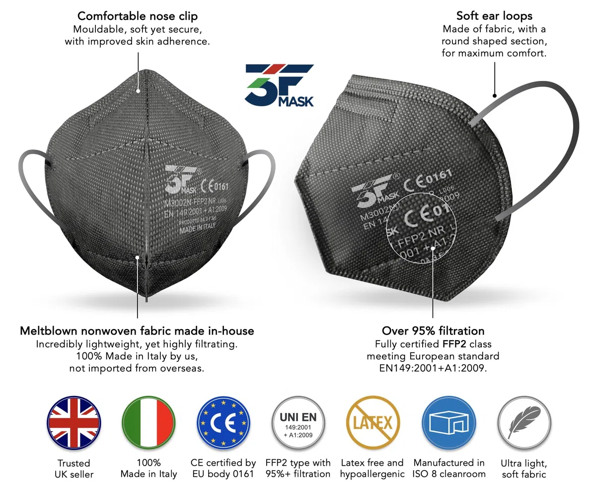 Lot de 50 masques certifiés FFP2, fabriqués en Italie, emballés individuellement - conforme à la norme UNI EN 149:2001+A1:2009