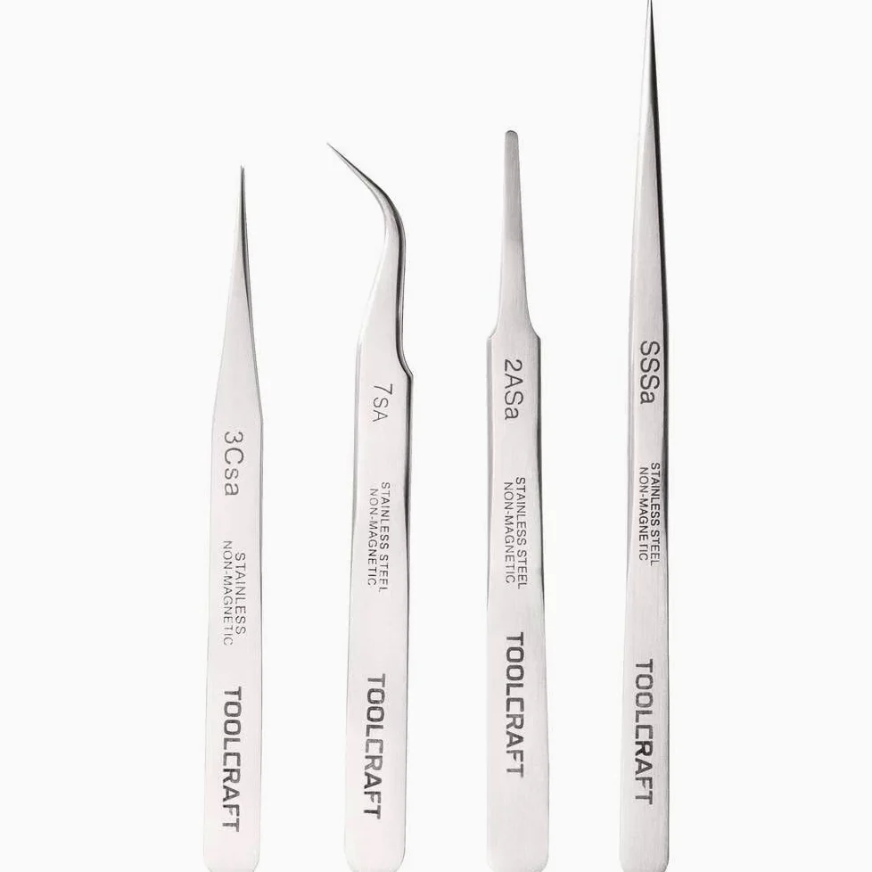 TOOLCRAFT 816747 Jeu de pinces brucelles 4 pièces SS SA, 2a SA, 7 SA, 3c SA plate, ronde, pointe en forme de faucille,