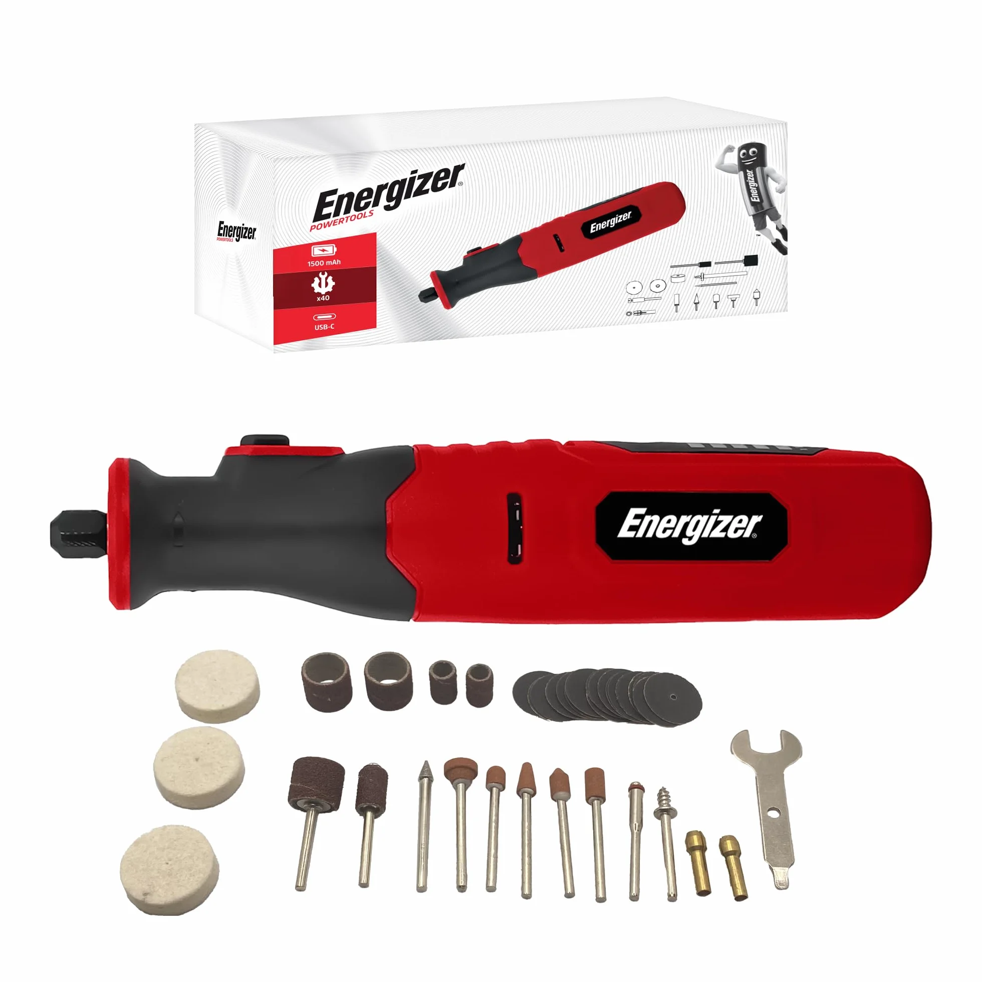 Energizer – Meuleuse de Précision Sans Fil – Batterie 1500mAh USB-C – 5 Vitesses (5000-25000 RPM) – 40 Accessoires – Gravure, Ponçage, Découpe, Polissage – Outil Multifonction Compact & Léger