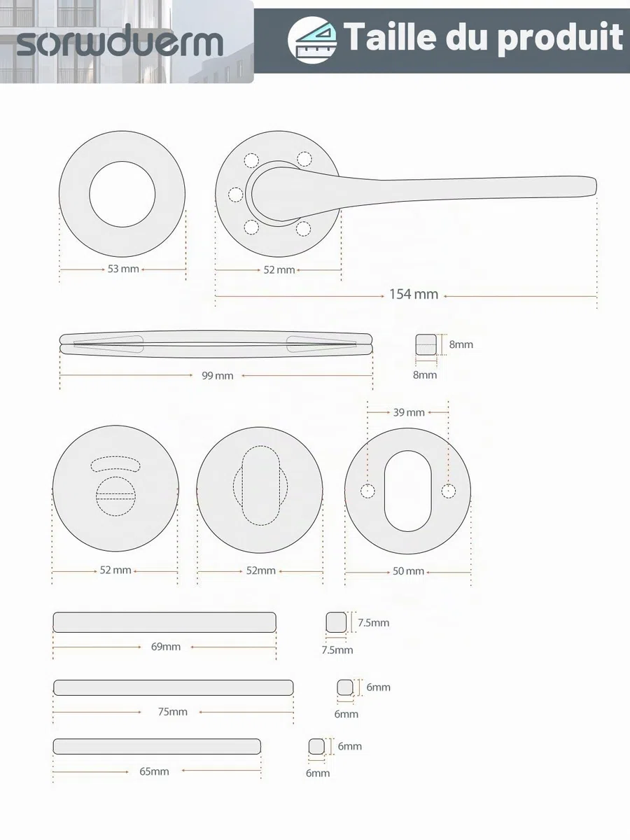 Poignée de porte en laiton antique,garniture de poignée,acier inoxydable brossé mat,ensemble de poignées pour porte d'entrée et porte intérieure,forme en L, rosace ronde,WC