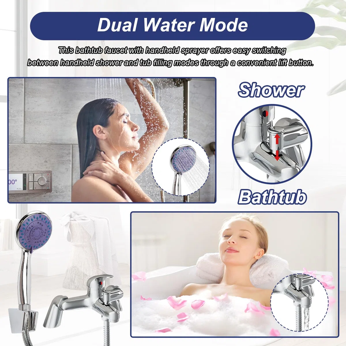Robinets de baignoire avec pommeau de douche à main et tuyau de 1,5 m | Robinet de baignoire à montage sur plate-forme à poignée unique. Ensemble de remplissage pour baignoire et douche