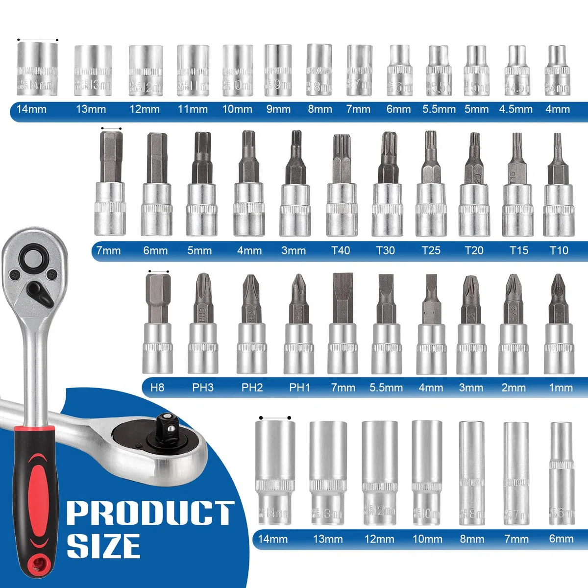 Lot de 53 douilles à cliquet 1/4" en acier CR-V, barre d'extension métrique et embouts pour bricolage, réparation automobile et ménage