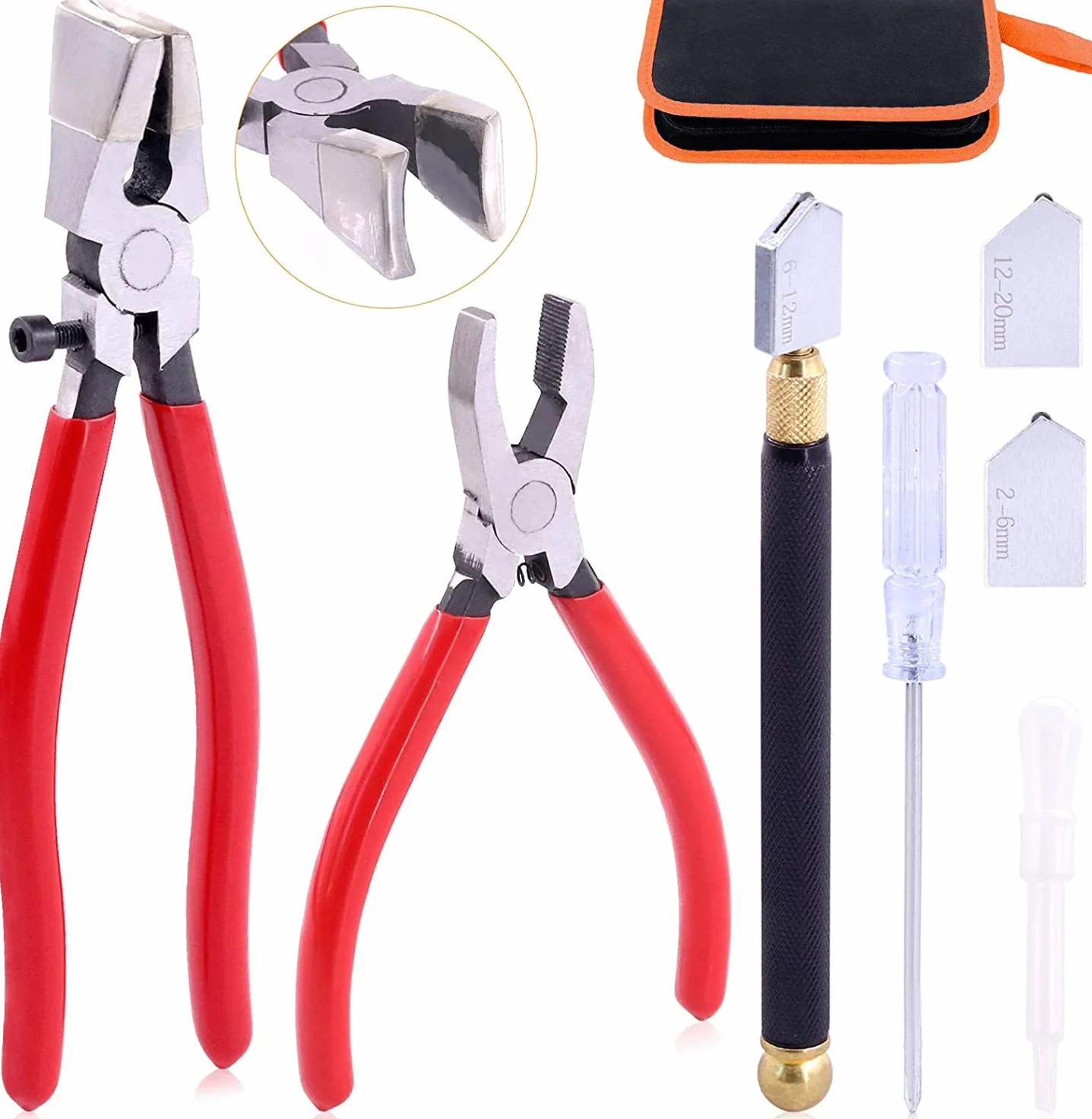 Kit de coupe-verre professionnel - Pince à briser et à joints - Pince à joints professionnelle avec coupe-verre, 2 têtes de coupe de rechange, sac en tissu - Convient pour verre épais, mosaïque,