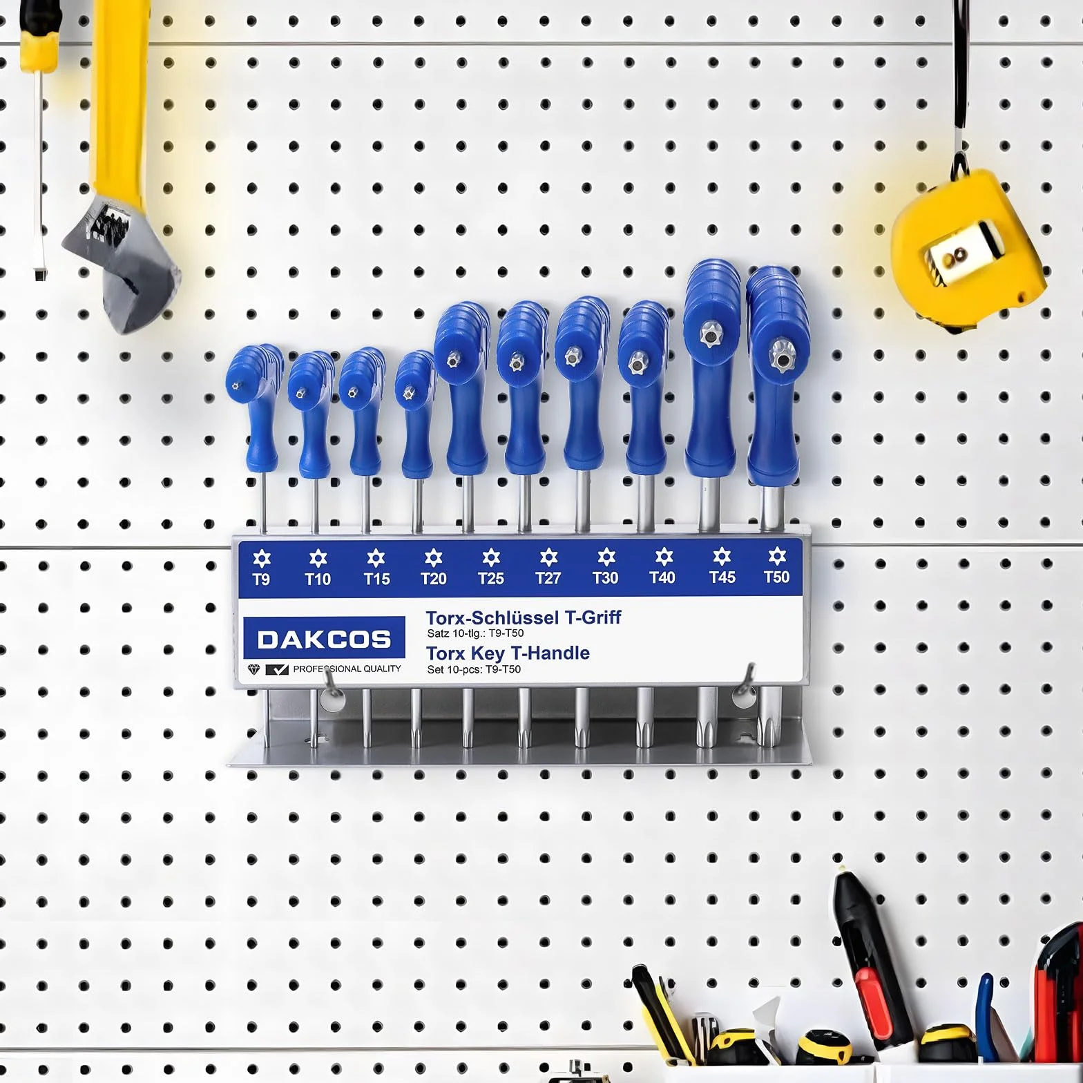 DAKCOS 10 pcs Jeu de clés Allen Torx avec poignée en T Clés mâles Torx avec trou frontal pour Vis TORX femelles T9-T50, Cr-V