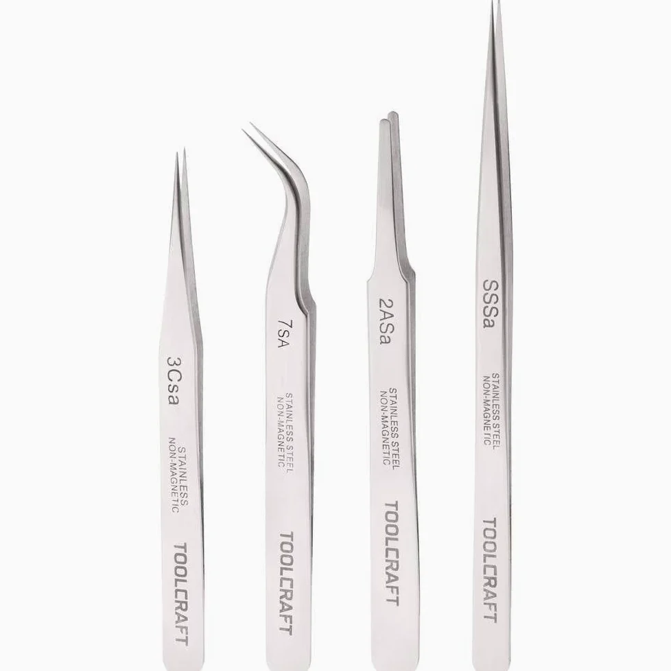 TOOLCRAFT 816747 Jeu de pinces brucelles 4 pièces SS SA, 2a SA, 7 SA, 3c SA plate, ronde, pointe en forme de faucille,