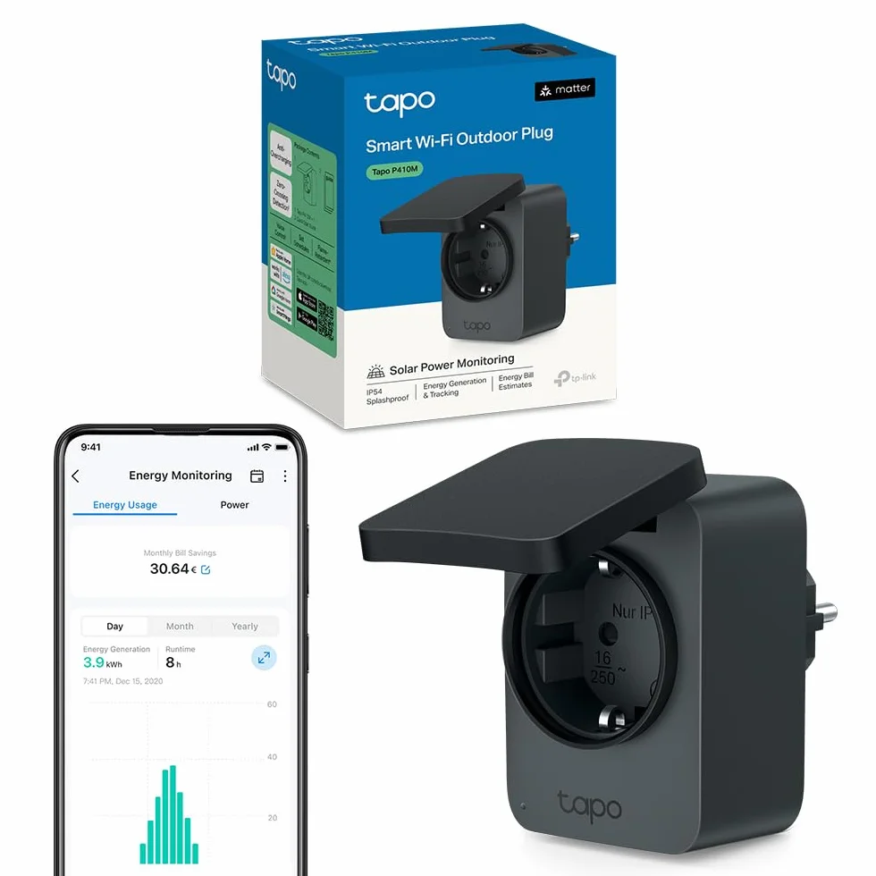 Tapo Prise Connectée Extérieure WiFi Matter, Prise Programmable Extérieure 16A IP54 Étanche, Suivi Consommation Énergie, Commande Vocale/à Distance, Compatible Home Kit, Alexa, Google Home Tapo P410M