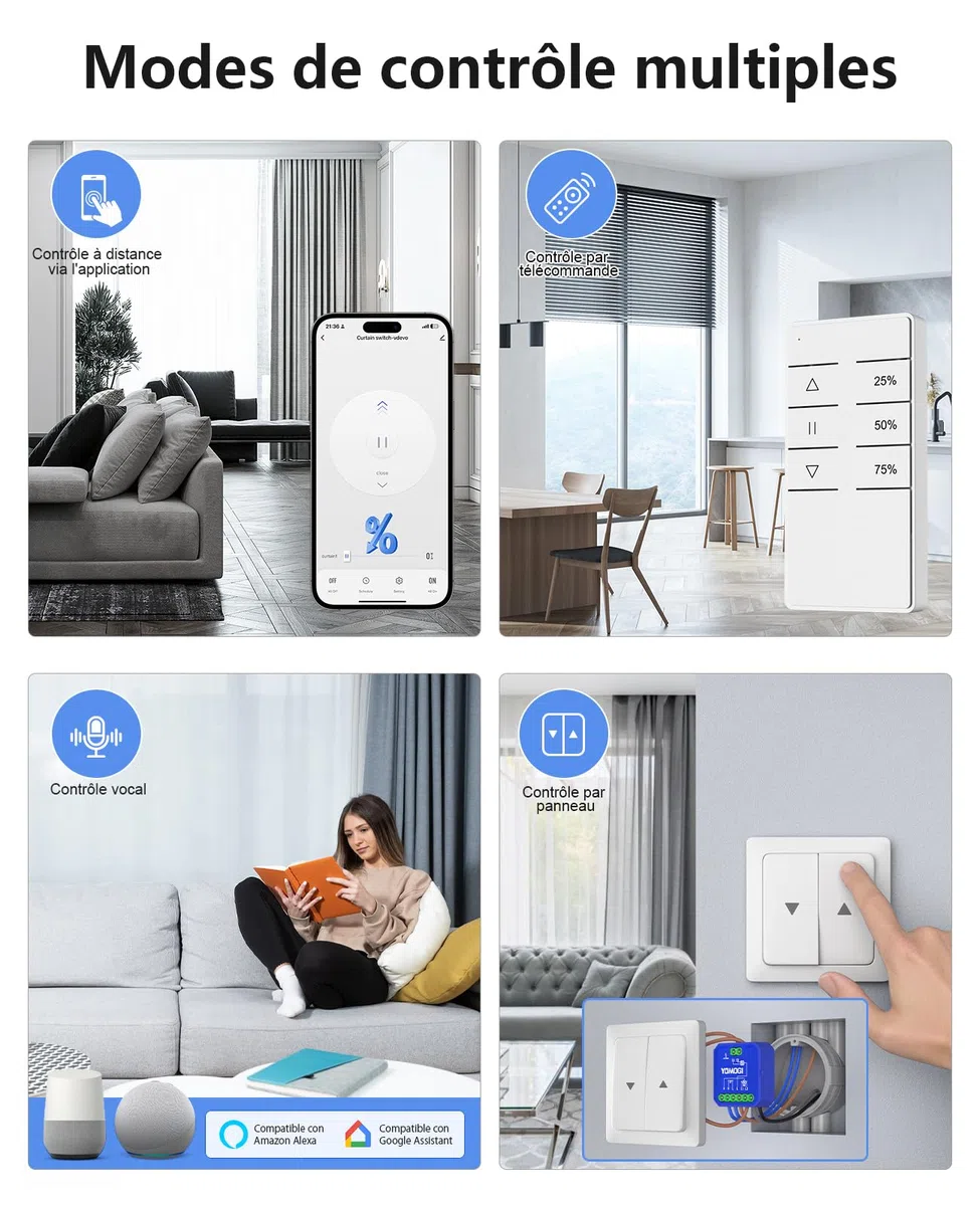 YOMOGI Module Volet Roulant Connecté avec Télécommande RF, Module WiFi pour Rideau Stores Compatible avec Alexa Google Home pour Contrôle en Pourcentage, Télécommande Appairée (1)